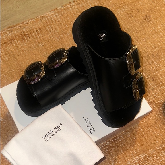 Toga Pulla Black Slide Sandals with Silver Buckles main image 7